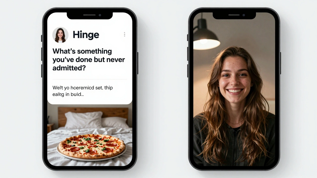 Twee smartphone-schermen met een Hinge-bericht en een videochatbeeld van een vrouw, zonder lichamelijke contacten.