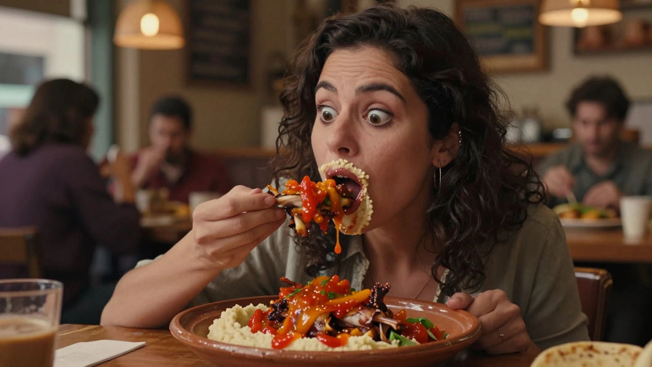 Vrouw die cavia eet met rode saus, ogen wijd van verbazing in Peruaanse taco-bar.