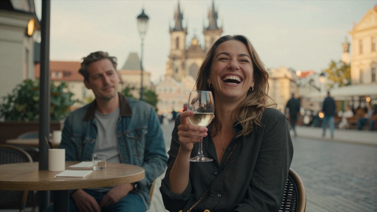 Woman laughing in Prague, man watching from afar, no connection shown.