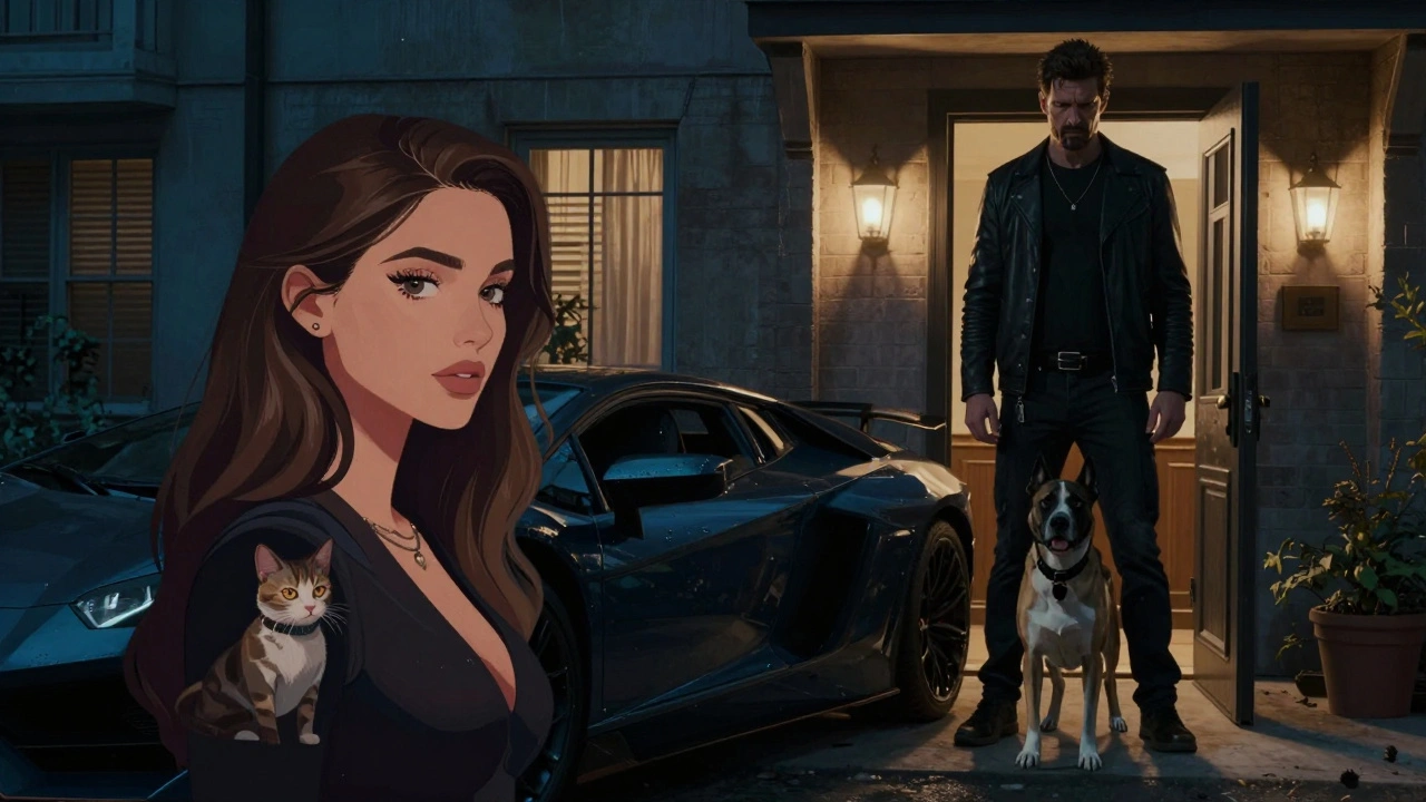 Contrasting images: fake dating profile with luxury items vs. real-life threatening encounter at a doorstep.