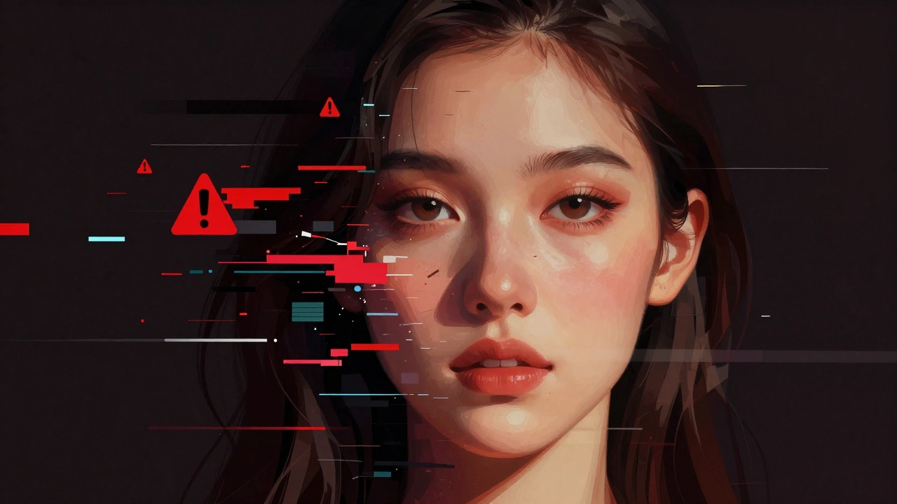 Digitale illustratie van een gezicht dat deels oplost in glitch.