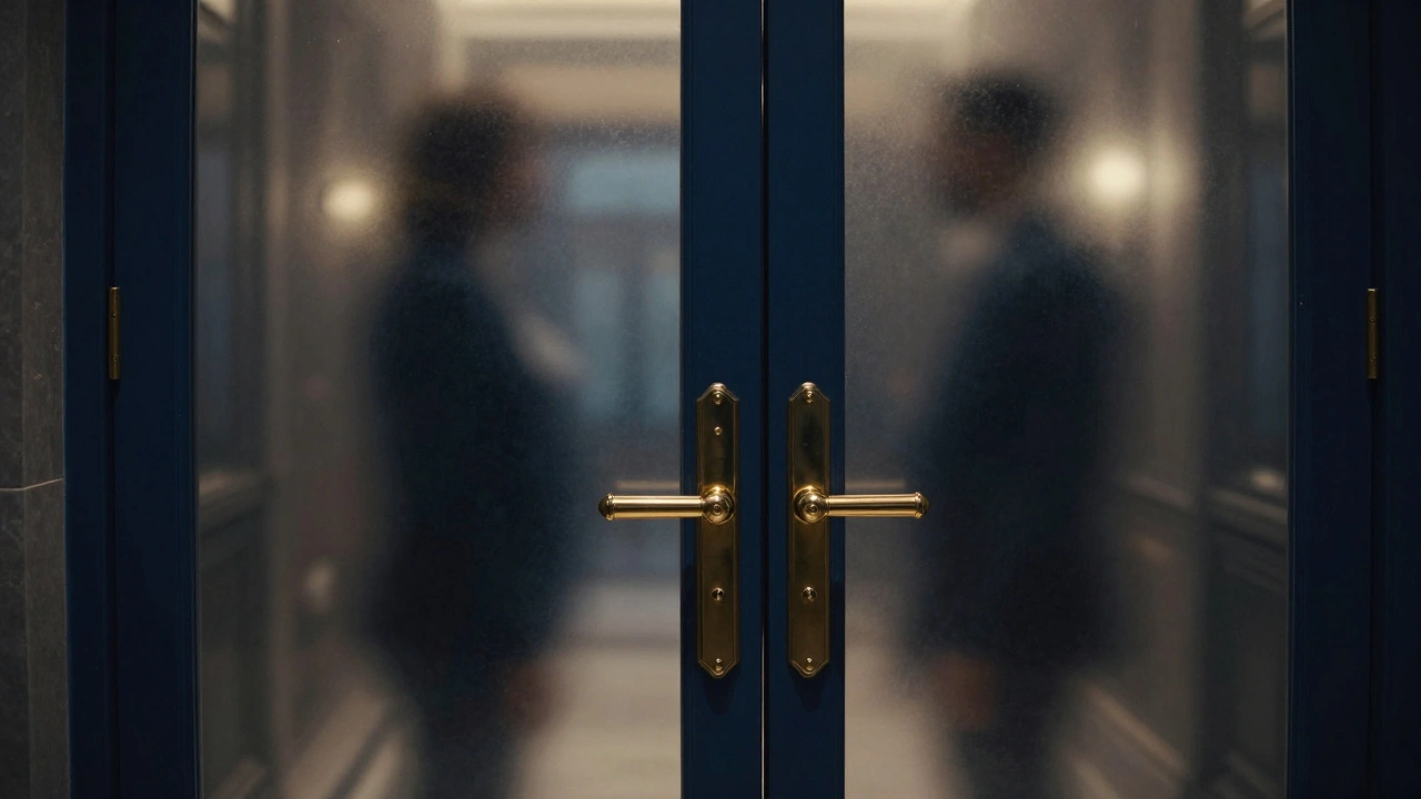 Donkere luxe hal die discretie en veiligheid uitstraalt zonder mensen