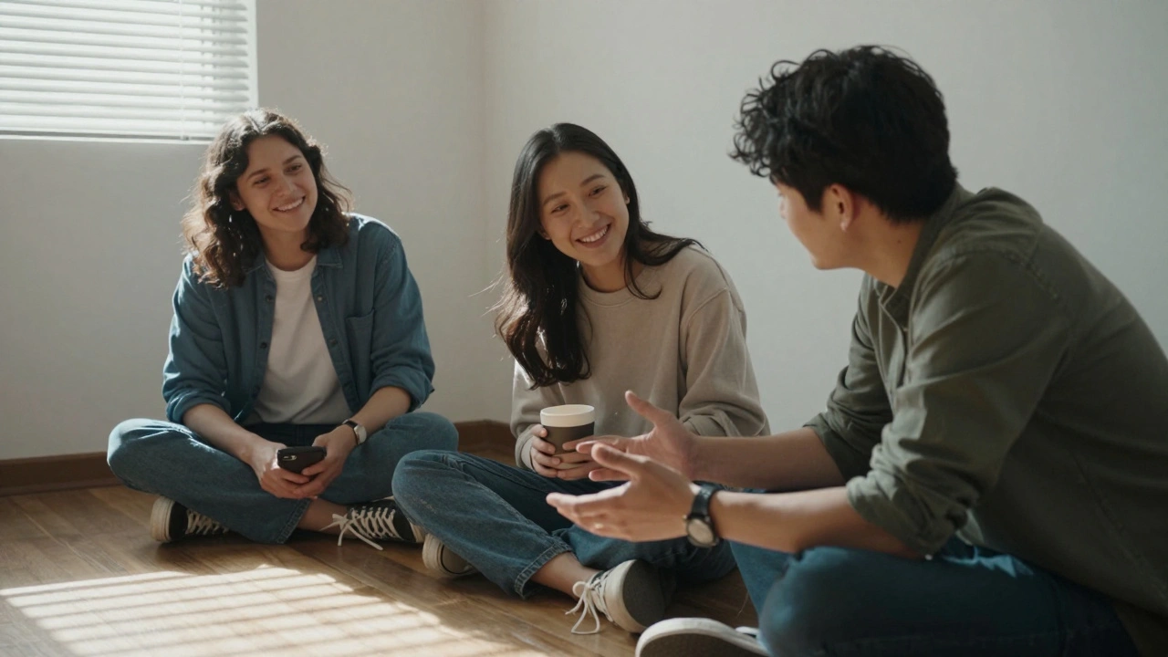 Drie collega's in een rustige pauzeruimte, met een gevoel van vrede en verbinding zonder woorden.