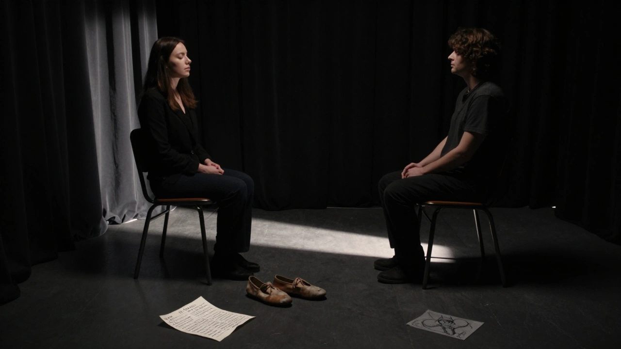 Een donkere kamer met twee stoelen, een gesprek zonder woorden, maanlicht als enige verlichting.