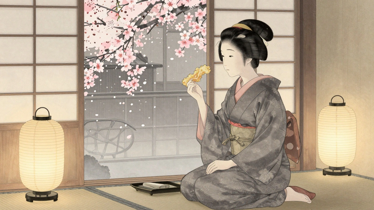 Een geisha en een man zitten in stilte in een Japans ryokan, cherry blossoms vallen buiten het raam.