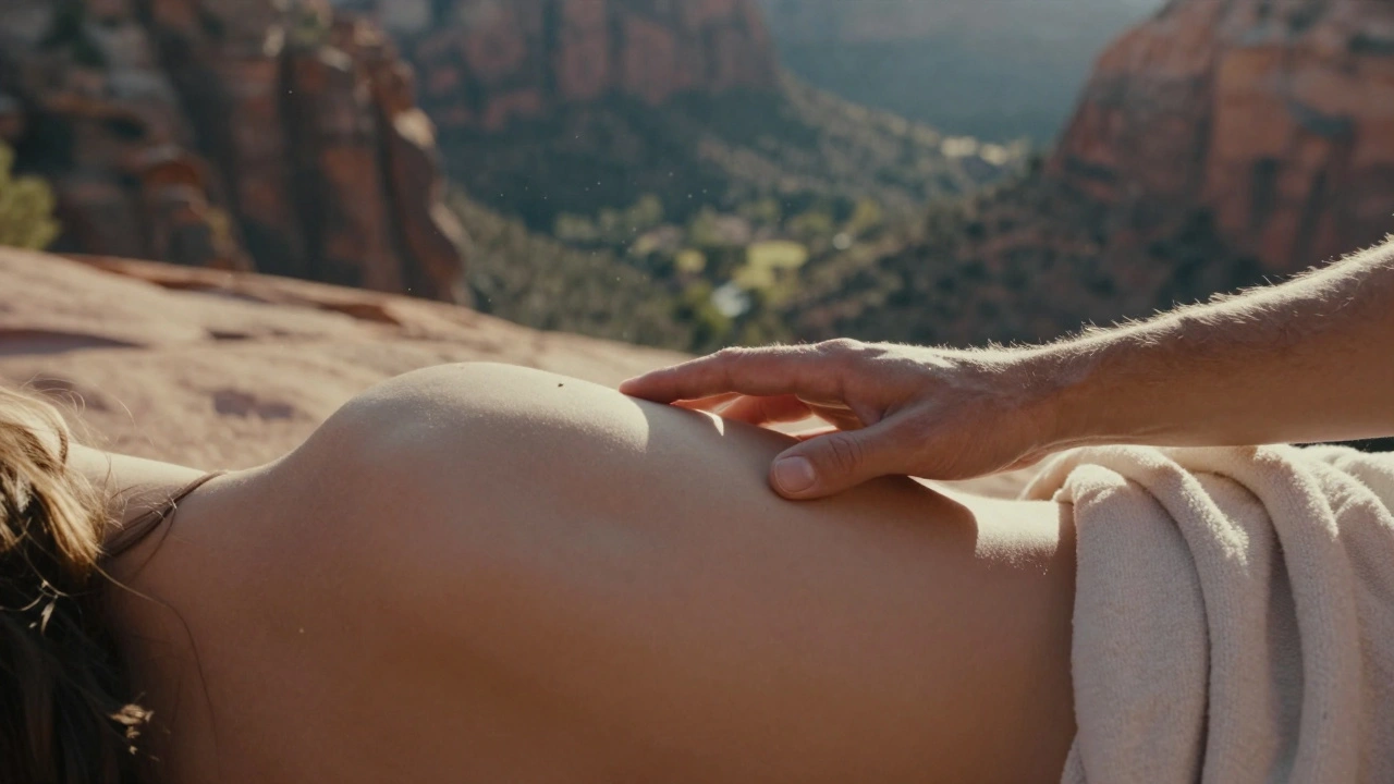 Een hand die zacht over een schouder glijdt in het laatste zonlicht van Zion, natuurlijke lichtval, geen kleding of objecten.