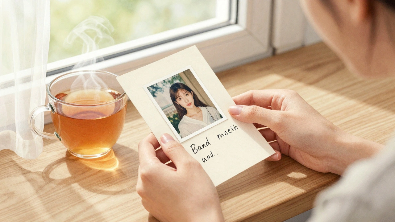 Een handhoudende brief met een foto en een kopje thee op een vensterbank, zacht licht valt binnen.
