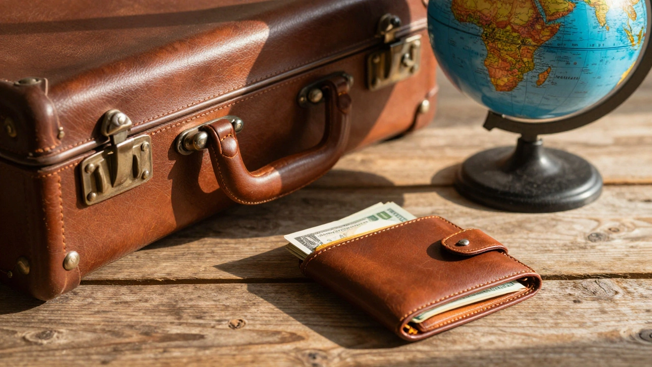 Een ingepakte koffer staat naast een kaart en ticket op een houten tafel.