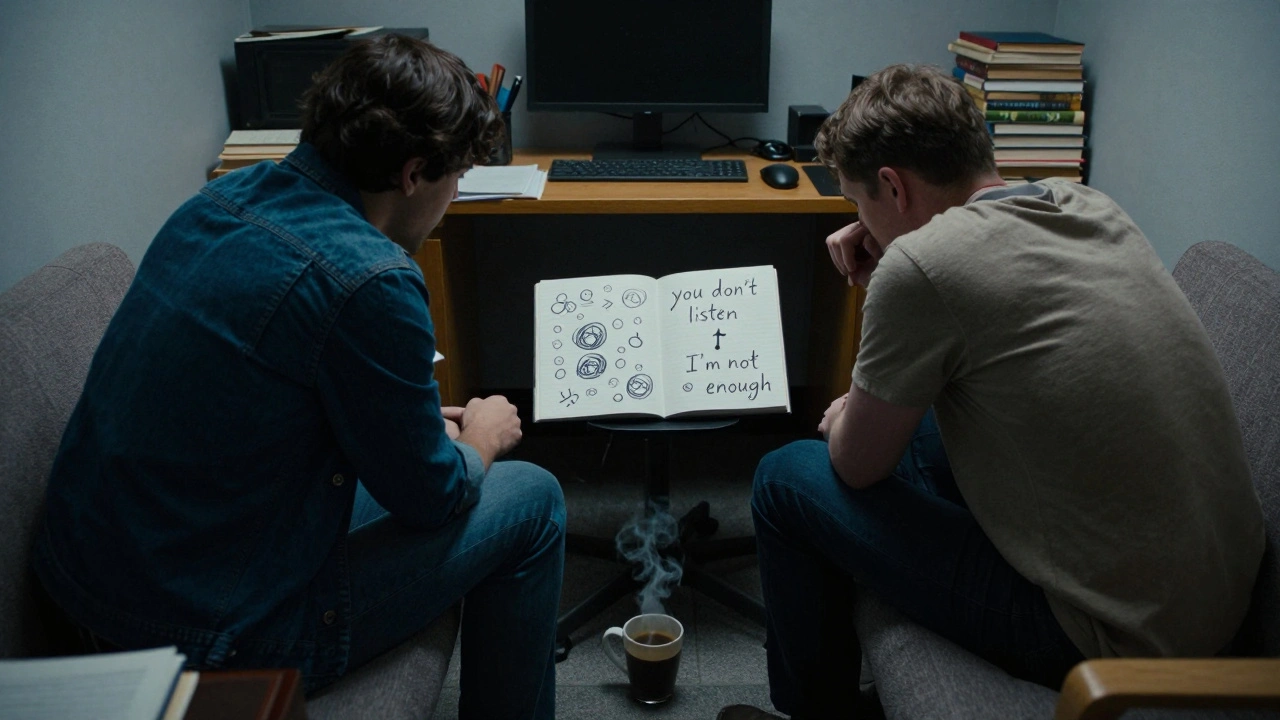 Een koppel zit op een bank, van elkaar afgekeerd, met een therapeut’s notitieboekje tussen hen.