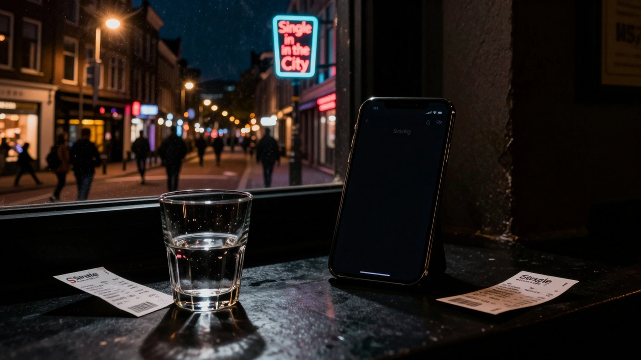 Een lege datingapp naast een ticketschip en een glas water, terwijl buiten mensen een event betreden.