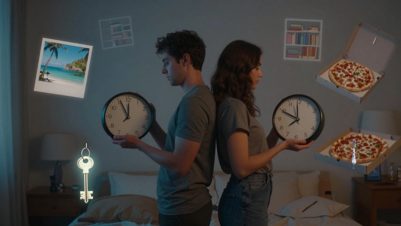 Een man en vrouw houden elk een helft van een stukkende klok, met zwevende herinneringen rond hen — een sleutel als symbool van herstel.