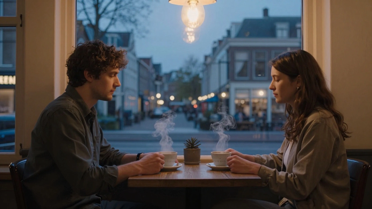 Een man en vrouw zitten in stilte bij thee, ademhaling in harmonie, in een rustige café.