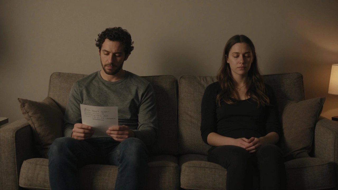 Een man en vrouw zitten in stilte op de bank, de vrouw houdt een brief, de man luistert zonder iets te zeggen.