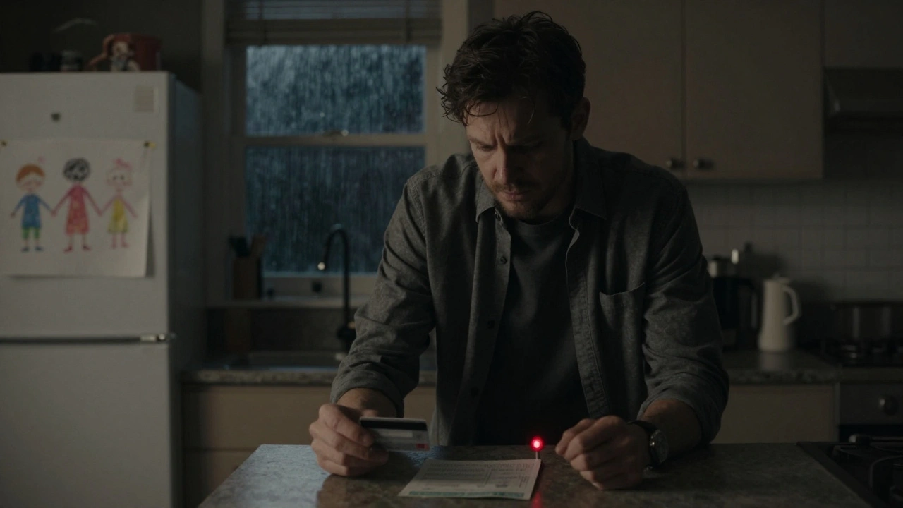 Een man in de keuken houdt een kredietkaart vast, met een waarschuwing van een factuur en een kindertekening op de koelkast.