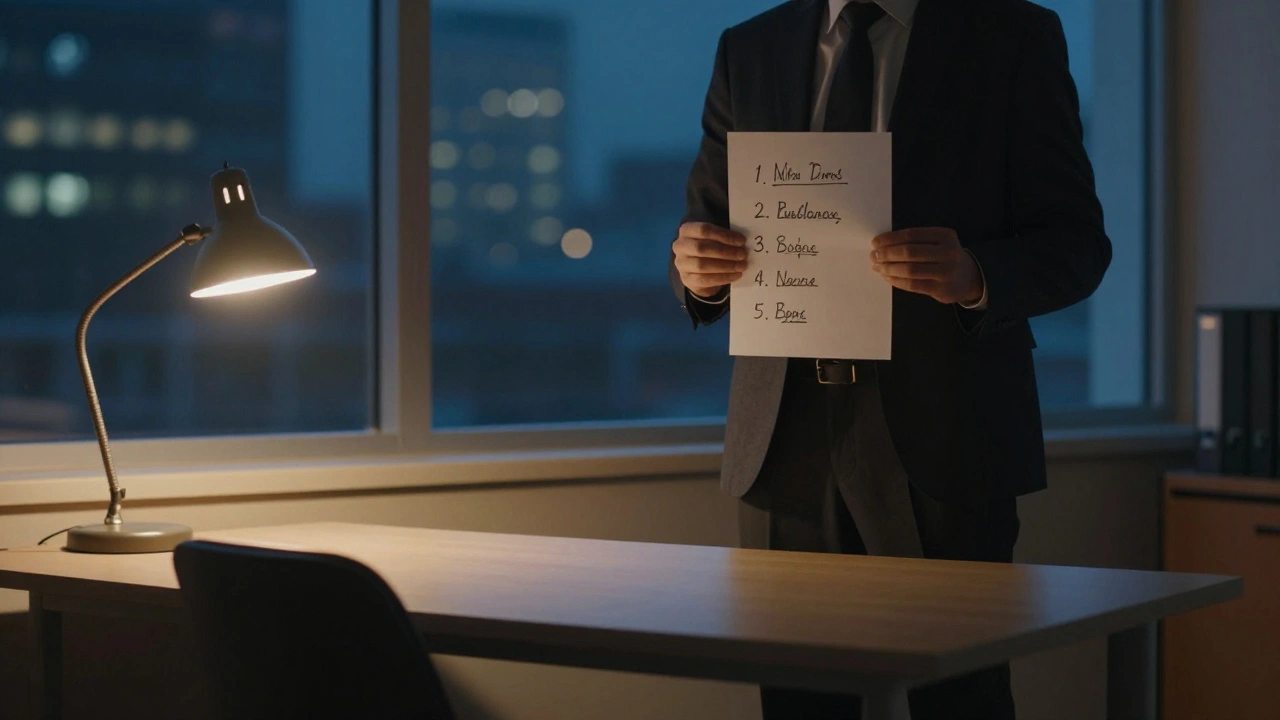 Een manager met een papier met stappen voor conflictresolutie, in een lege kamer bij schemerlicht.