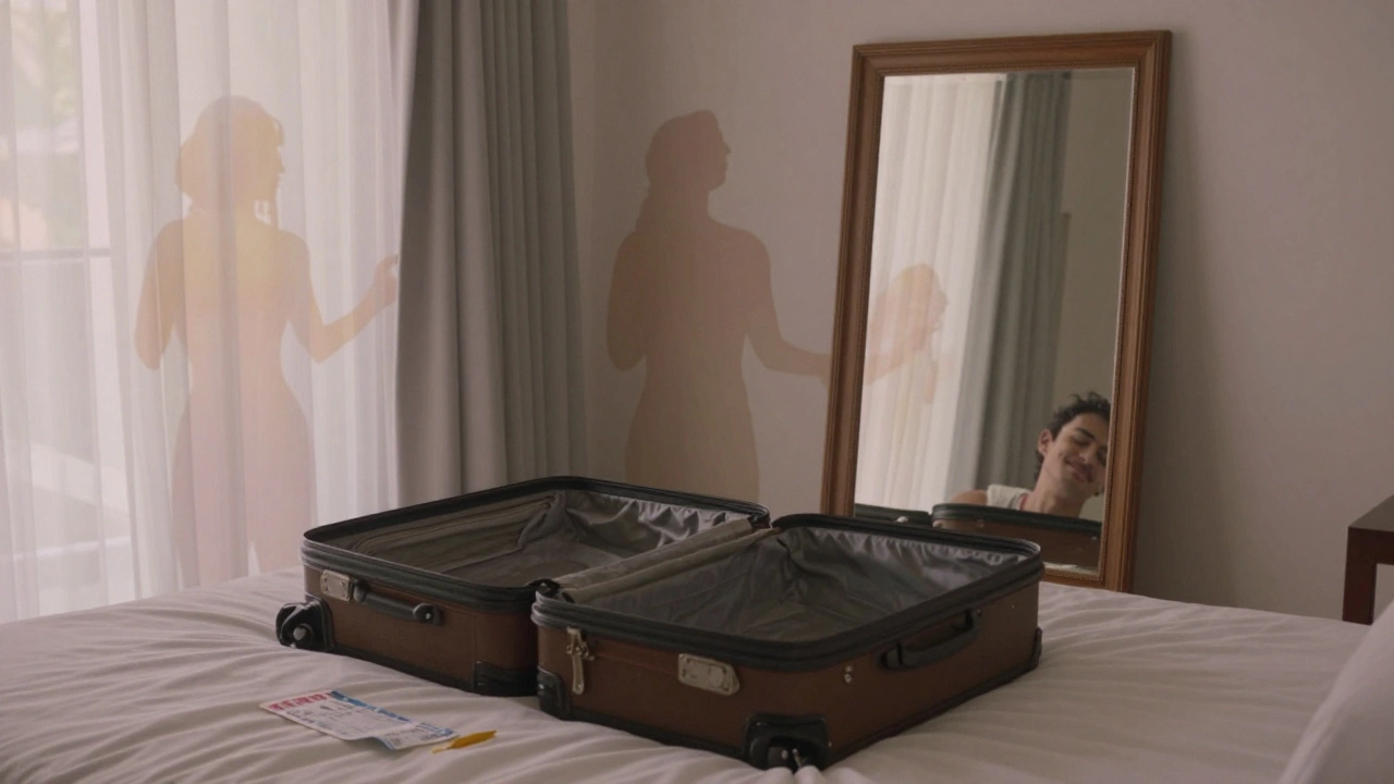 Een open koffer op een hotelbed in Bali, een vliegticket half weggebroken, een spiegel toont een man met gesloten ogen.