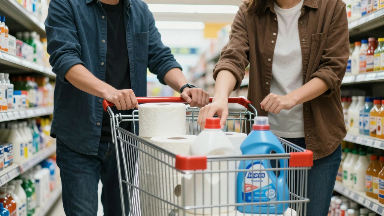 Een paar doet boodschappen samen in de supermarkt, hun handen raken even bij het pak melk, gewone dagelijkse scène.
