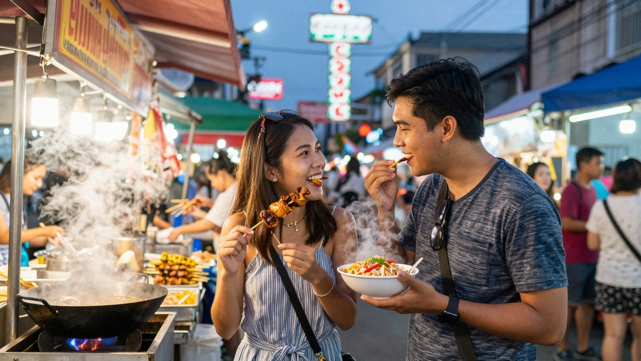 Een paar lacht samen terwijl ze satay en pad thai eten in een drukke Bangkok street food markt bij schemer.