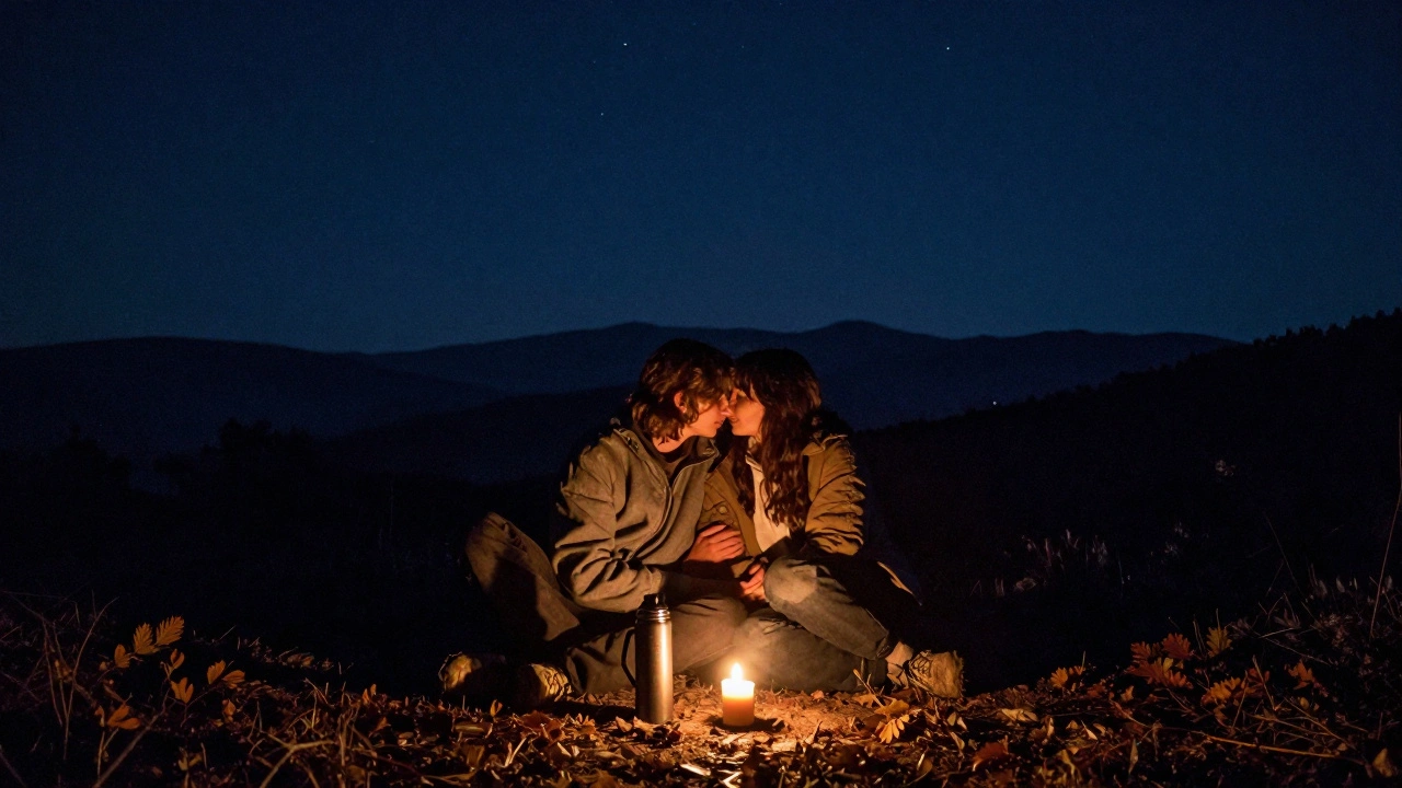 Een paar liggend onder de sterren in Great Smoky Mountains, alleen met een kaars en een thermos, geen tent, geen technologie.