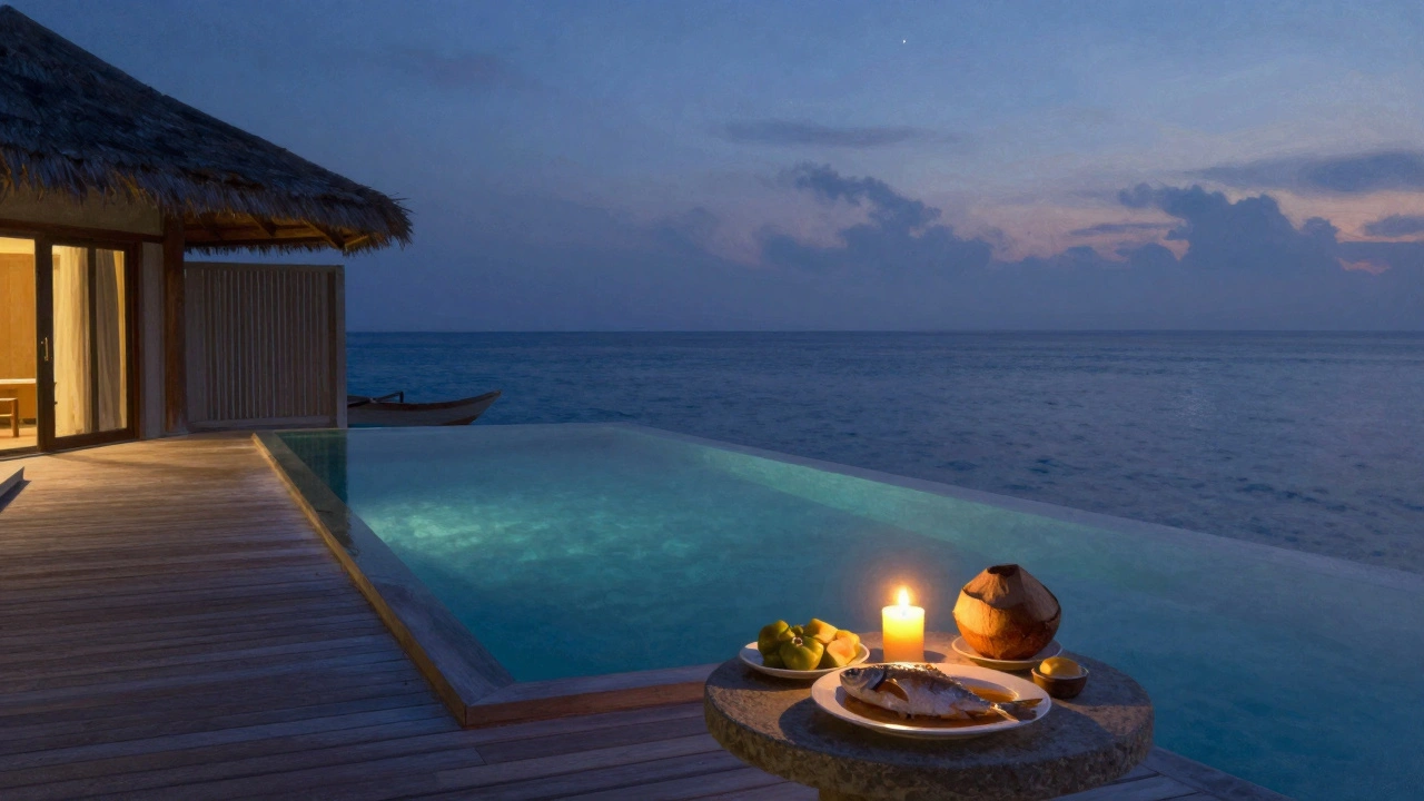 Een privevilla met een infinitypool die overgaat in een turquoise lagune, verlicht door een enkele kaars bij schemer.