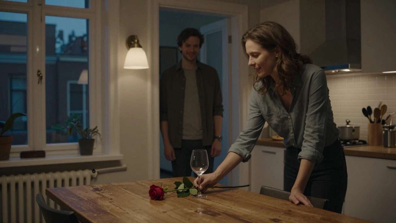 Een rode roos ligt op een houten tafel in een Amsterdamse keuken, bij een glas wijn, bij schemerlicht.