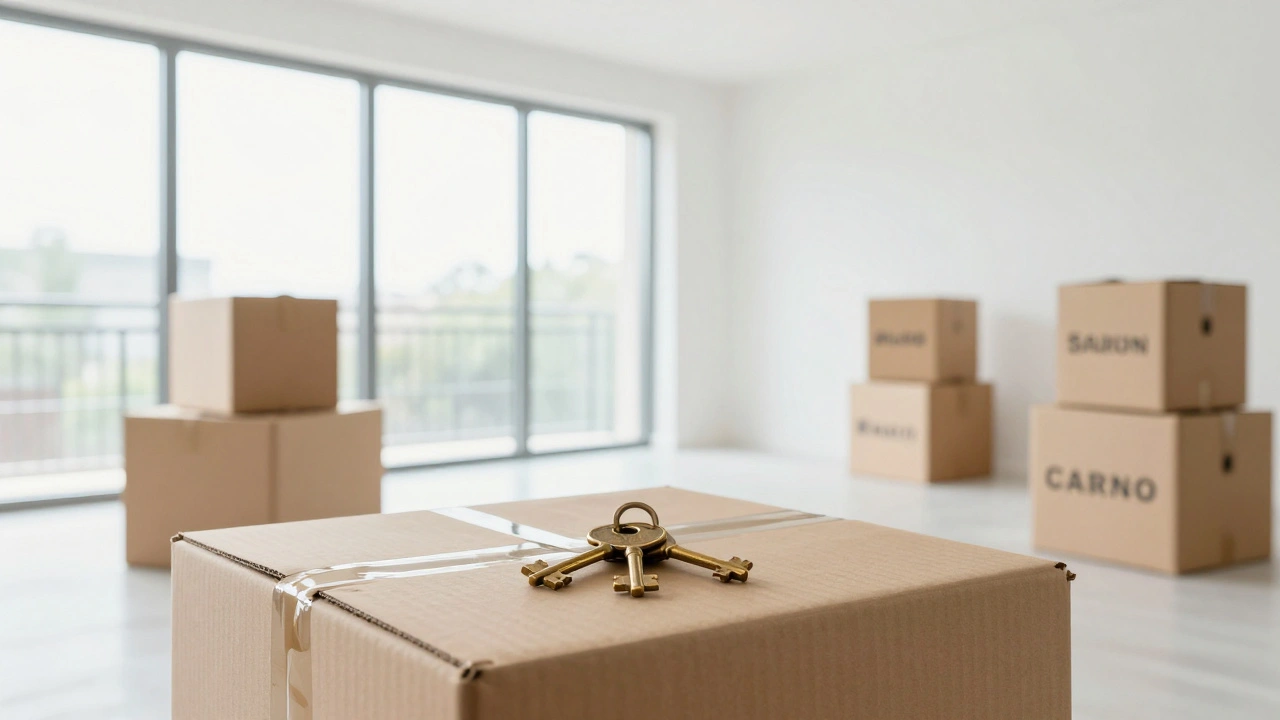 Een set huissleutels ligt op verhuisdozen in een zonnige lege kamer.