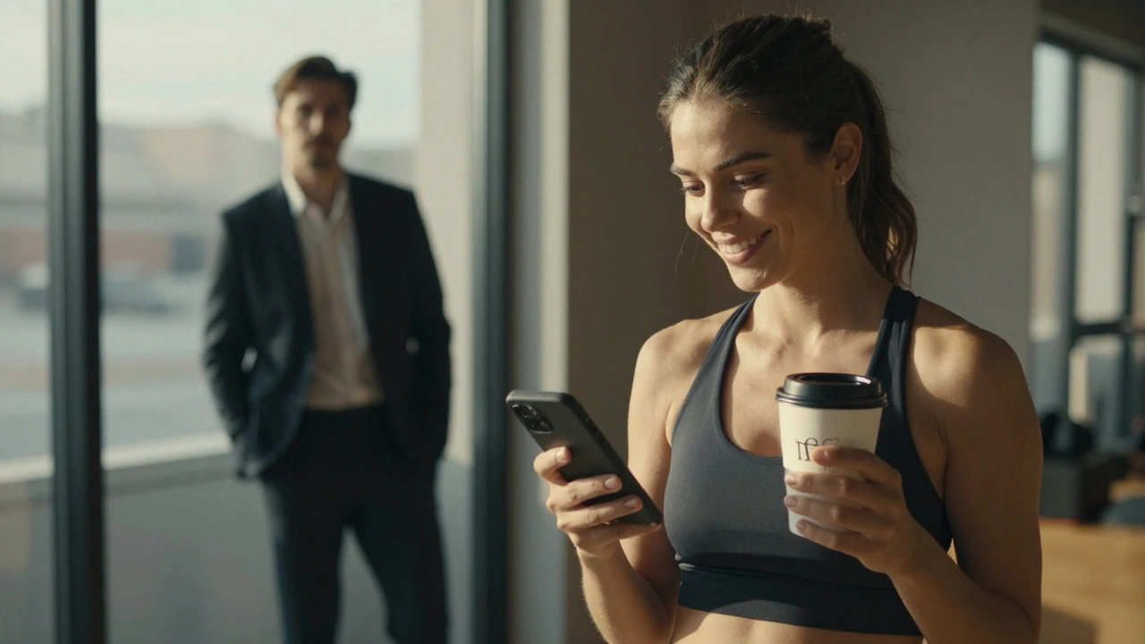 Een vrouw in een yoga-studio lacht naar haar telefoon, terwijl een man buiten door het raam naar haar kijkt.