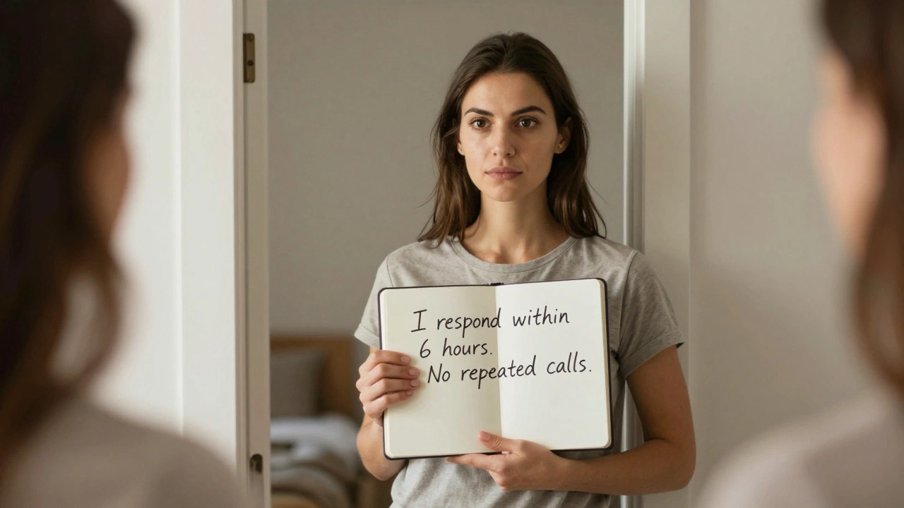 Een vrouw kijkt in de spiegel terwijl ze haar relationele grenzen opschrijft, met zachte ochtendlicht.