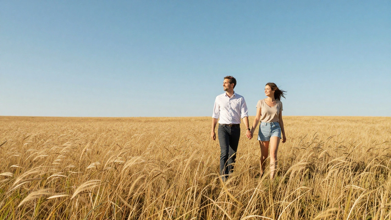 Koppel loopt vrij in de natuur met persoonlijke afstand.