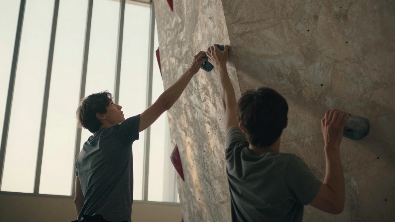 Twee mensen aan een klimmuur, elk op hun eigen kant, op het punt van groei en kwetsbaarheid.