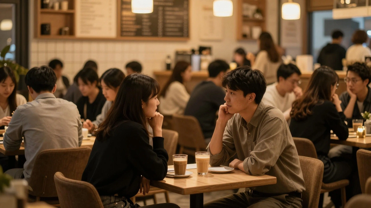 Twee mensen op een veilige eerste date in een druk, verlicht café.